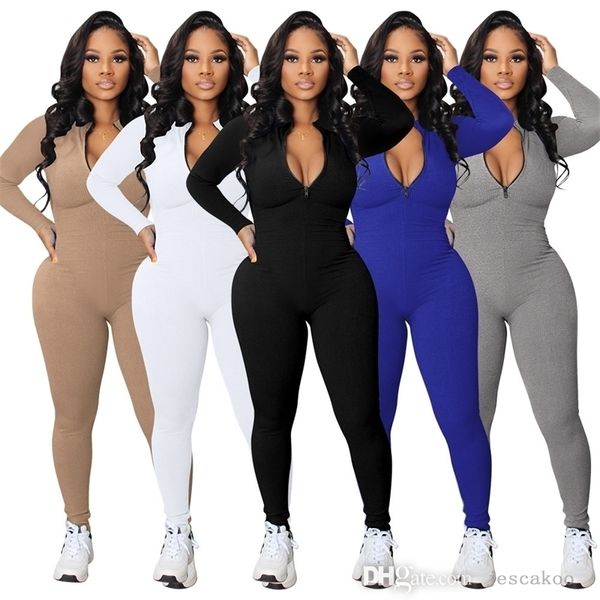 

fall women rib bodycon jumpsuits playsuit sportswear long sleeve zipper rompers bodysuits, Black;white
