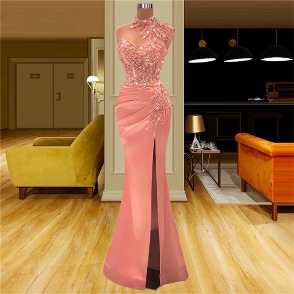 

pink mermaid evening dresses sleeveless strapless sweetheart lace sparkling floor length beaded appliques sequins side slit beaded plus size, Black;red