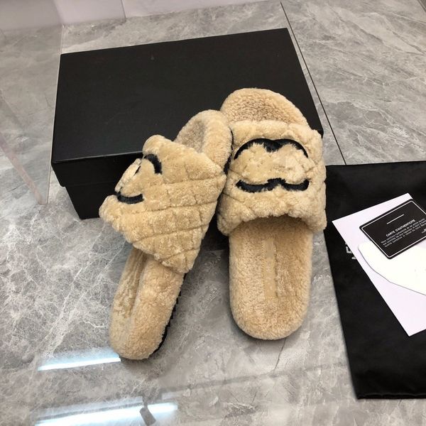 

luxury designer home sandals new autumn/winter women brand lamb wool thickened word thick bottom platform slides outdoor slippers channel ys, Black