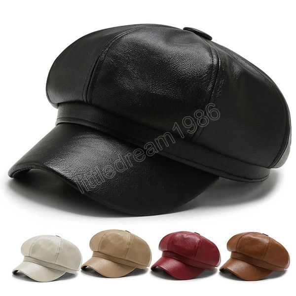 

fashion pu leather caps spring autumn hats for women men black grey flat octagonal cap travel hat, Blue;gray