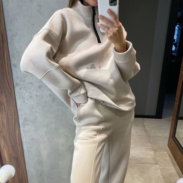 

women's two piece pants hip hop set zipper pullover polo collar sweatshirt tracksuits casual elastic waist wide leg autumn jogger 22113, White