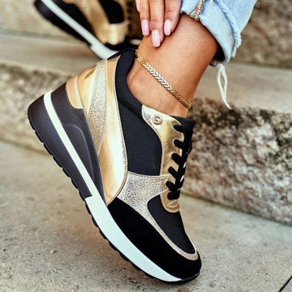 

dress shoes fall women mesh sneakers breathable lace up wedge ladies sports mixed colors chunky wedges female casual 221130, Black
