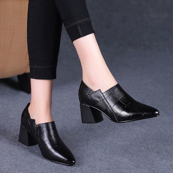 

dress shoes comemore thick heeled women s medium heeled pointed leather spring summer high heels british style women trend 40 221130, Black