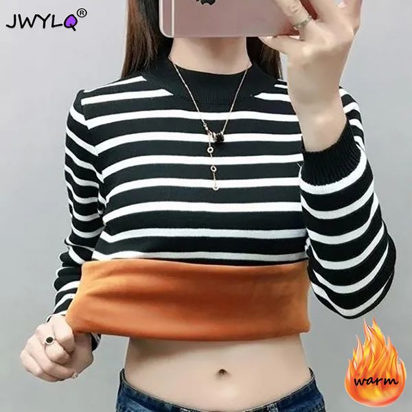 

women's sweaters plus velvet half high collar stripe splicing pullover women autumn winter thick warm loose streetwear knitted 221201, White;black