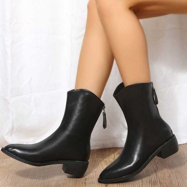 

boots large western cowboy knight for women autumn and winter 2022 new pointed toe thick heel back zipper women martin boots shoes 221123, Black
