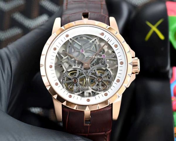 

mens watch excalibur 46 double flying tourbillon wristwatch luxury device diameter watch case designed with three-dimensional hollow full-au, Slivery;golden