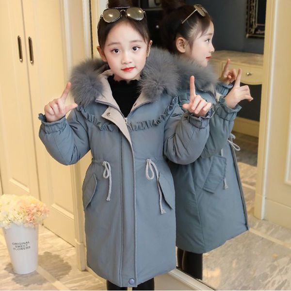 

down coat girls thickened solid color hooded fur collar cotton winter warm mid length windproof 221130, Blue;gray