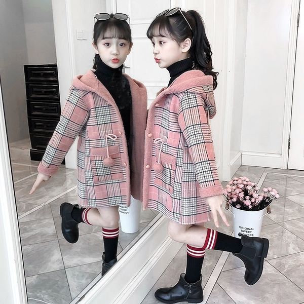 

coat fashion autumn winter girls hairy long kids outerwear grid pattern warm jacket 4 12t button luxury design single breasted 221130, Blue;gray