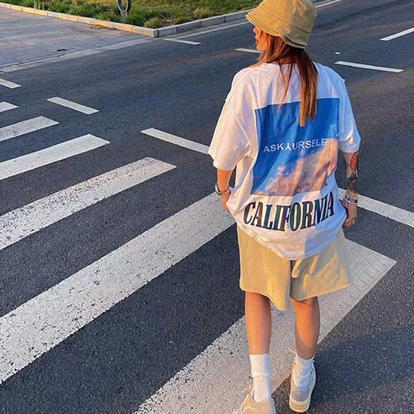 

men's t-shirts askyurself sky scenery magic color reflective letter print high street loose casual men's and women's short sl, White;black