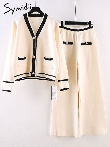 

women's two piece pants syiwidii elegant ladies 2 set s outfits korean fashion fall winter button down cardigans wide leg set 221130, White