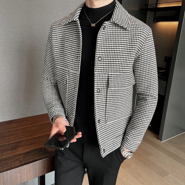 

men's wool blends nwe slim fit woolen plaid bomber winter jacket japanese streetwear s for brand coat s-3xl 221201, Black