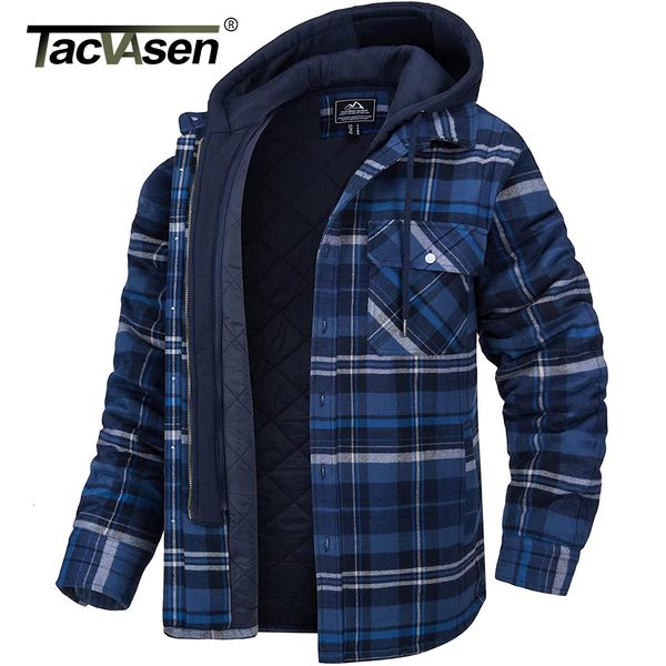 

men's casual shirts tacvasen flannel shirt jacket with removable hood plaid quilted lined winter coats thick hoodie outwear man fleece, White;black