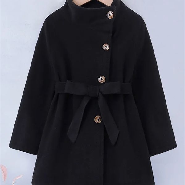 

coat girls jackets spring fall winter clothing single breasted kids plus velvet thick woolen pure black belted overcoat 221130, Blue;gray