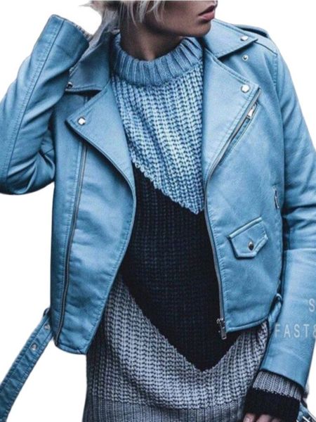 

women s jackets 2023 fashion women spring autumn black blue fake faux leather lady pu zipper pocket motorcycle outerwear coat belt 221130, Black;brown