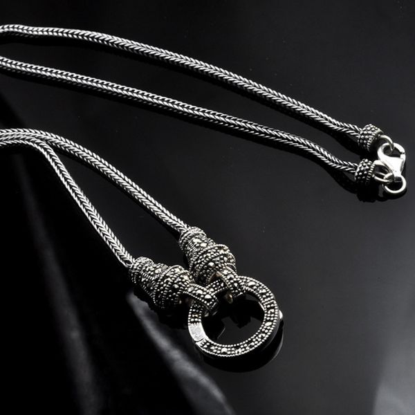 

chokers real silver long chain retro necklace women s925 sterling marcasite stone pendant thai jewelry 221130, Golden;silver