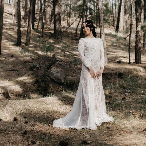 

elopement lace long sleeves wedding dress backless bridal gowns country forset fairy vestidos de novia 2023 boho beach bride dresses, White