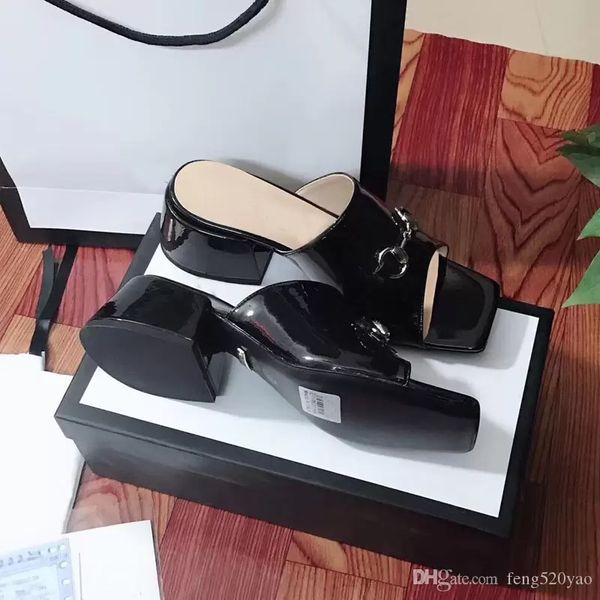 

women slippers cowhide 100% woman shoe sandals high heeled shoes classic designer bright lacquer leather thick heels metal beach lazy large, Black