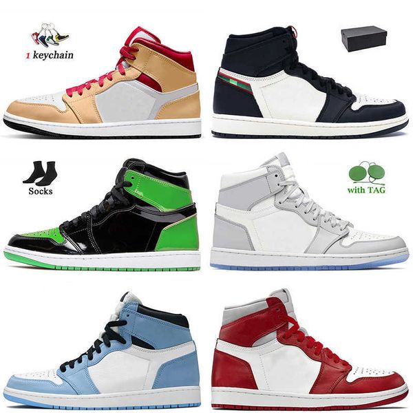 

fashion 2022 women mens jumpman 1 1s high og basketball shoes surfaces sports illustrated patent green university blue chicago designer