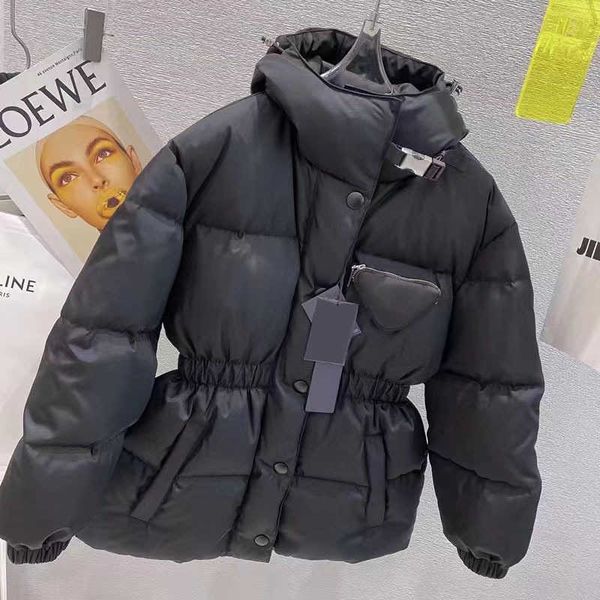 

2022 winter thick hooded medium length down jacket same style women's coat waterproof triangle bag, Black
