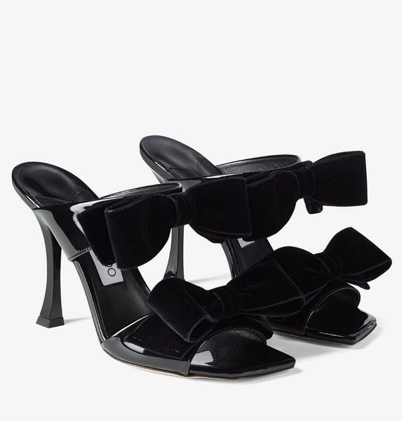 

luxury flaca women sandals shoes with bow velvet square toe mules lady party wedding dress high heels slip-on slippers original box, Black
