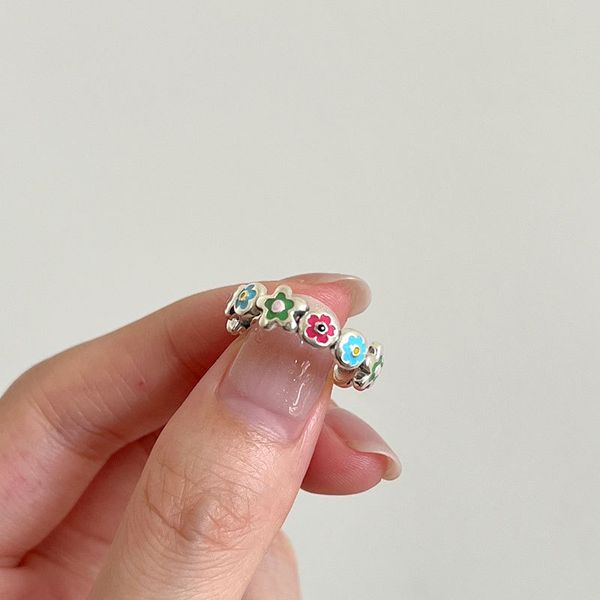 

925 sterling silver enamel flower open size ring for women girls cute 6mm width statement adjustable rings