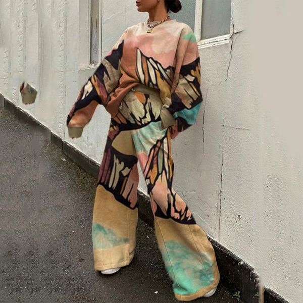 

women's two piece pants tracksuit women set spring autumn clothes stylish printing pullover wide leg oversized casual suits outfits 221, White