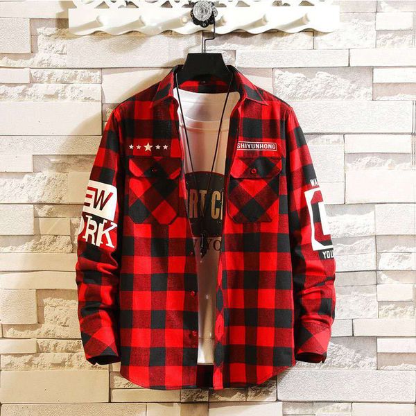 

men's casual shirts streetwear thick men clothing harajuku color block plaid shirt long sleeve male vintage korean fashions clothes 221, White;black