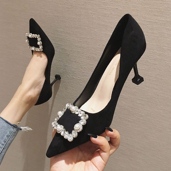 

dress shoe fashion pearl diamond buckle high heels slip on pointed toe shallow wedding party shoe zapato de tacon 221130, Black
