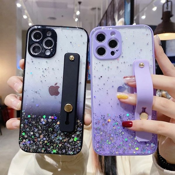

new soft wrist strap glitter phone cases for iphone 14 12 11 13 pro max x xr xs max 7 8 plus se mini transparent bumper back cover