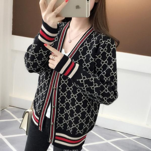 

women's sweatersfashion v-neck single breasted sweater cardigan spring autumn long sleeve women vintage knitted jacket trend printing, White;black