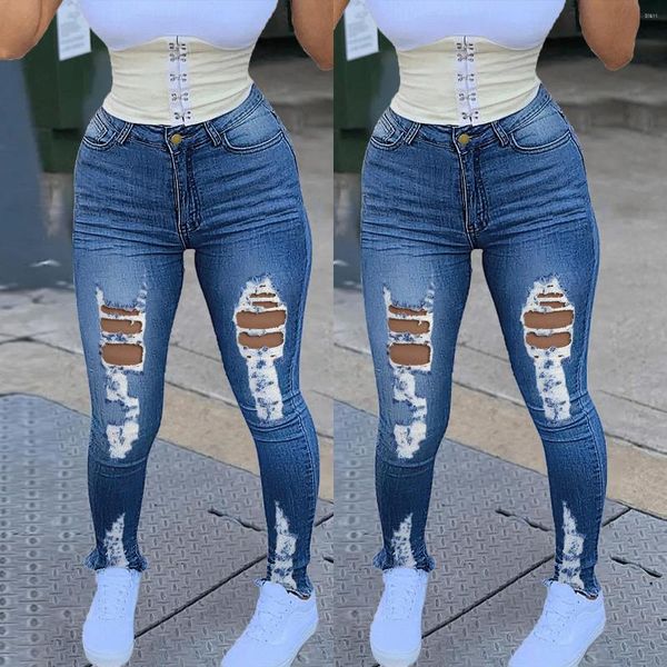 

women's jeans 2022 women's european and american cotton elastic torn holes stretch denim pencil pants women, Blue
