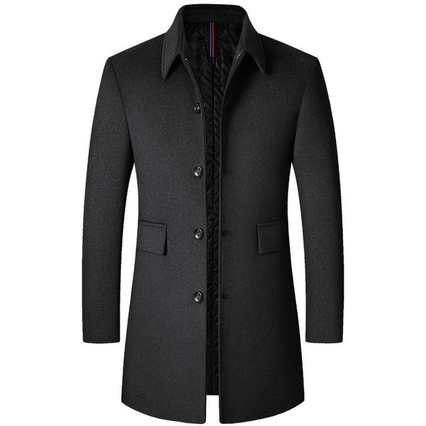 

men's wool blends woolen coat autumn and winter mid-length classic solid color business trench jacket 221201, Black