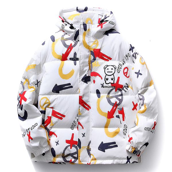 

men's down parkas winter cotton padded coats men clothes graffiti printed thicken hooded jacket fashion korean causal outerwear male 2, Black