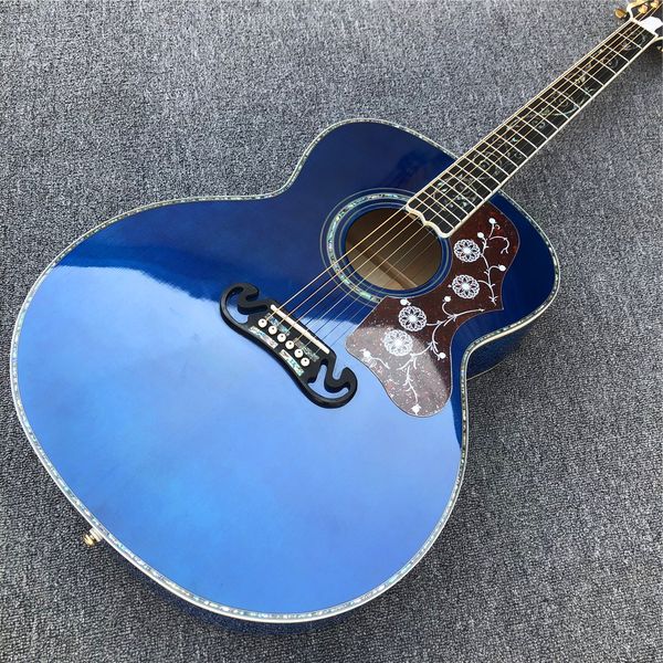 

43" blue solid spruce j200 acoustic guitar real abalone inlays burst flame maple back and sides jumbo body guitarra