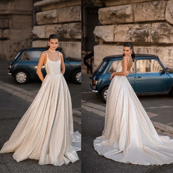 

sparkly a line wedding dress spaghetti straps sequined backless bridal gowns vestido de casamento, White