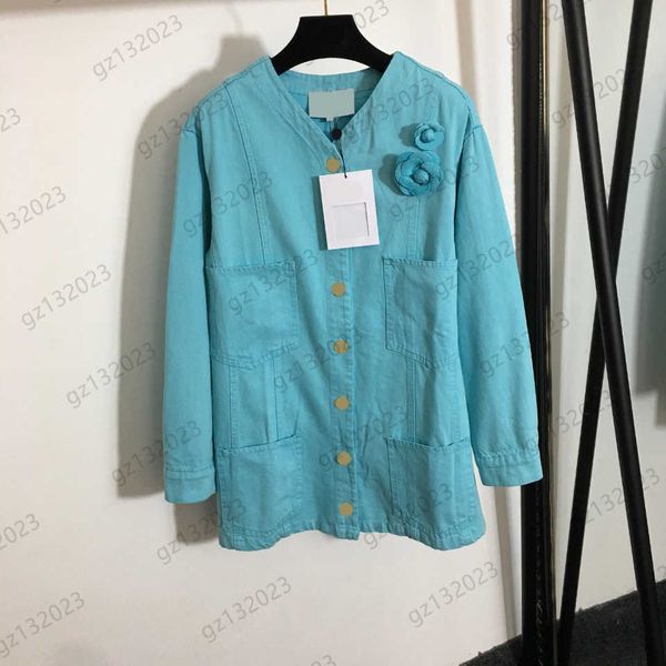 

womens jacket three-dimensional flower decoration striped pockets solid color denim jackets custom button open v-neck long sleeve coats desi, Black;brown