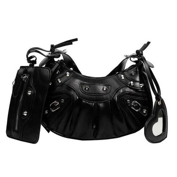 

new style crescent crossbody bag women handbags purse leather rivet zipper closure heart shaped mirror plain shoulder motorcycle bags