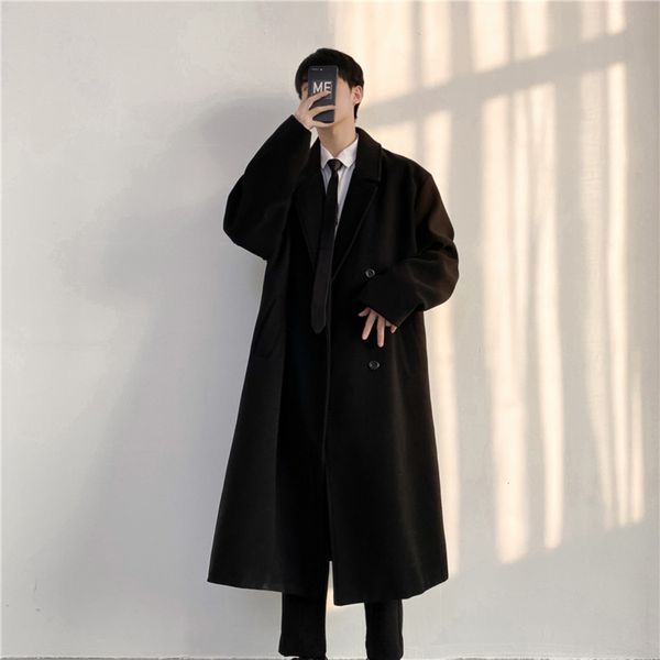 

men's wool blends korean version thickened woolen coat mid-length hong kong style over the knee british solid color quilted windbreaker, Black