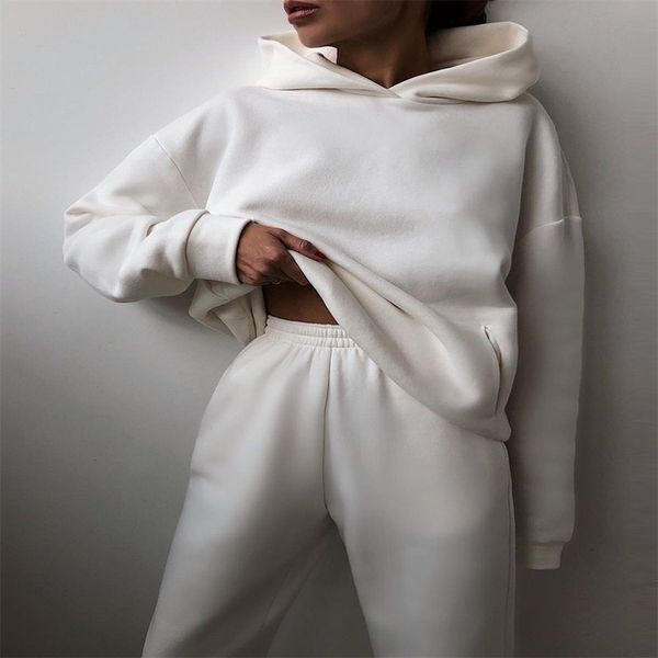 

women's two piece pants tracksuit elegant solid sets for warm hoodie sweatshirts long pant ladies ensemble femme pant suits 221130, White