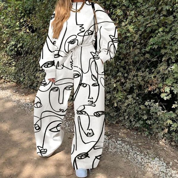 

women's two piece pants white abstract face print pink thin sweatshirt set women tracksuit plus size long sleeve streetwear casual girl