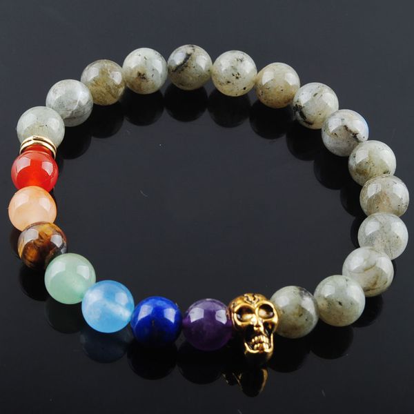 

wojiaer strands bracelets 8mm labradoirte stone round beads ghost head 7 chakra healing mala meditation prayer yoga women jewelry k3236, Black