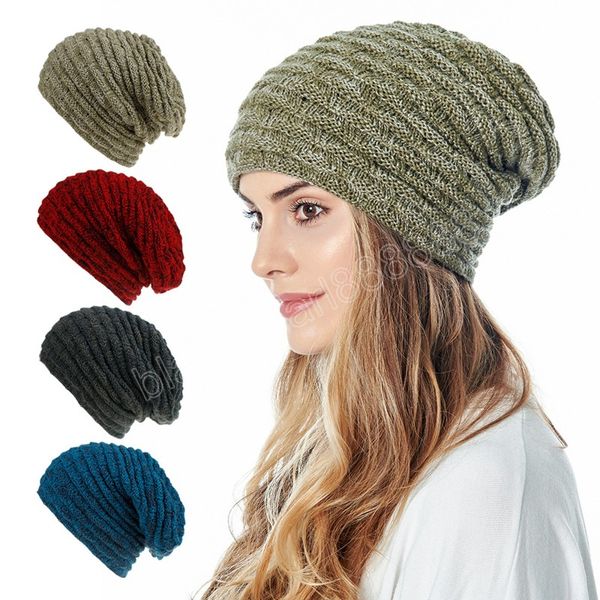 

solid color autumn winter slouchy beanie hat knitted caps women men double layer skullies hats for girls, Blue;gray