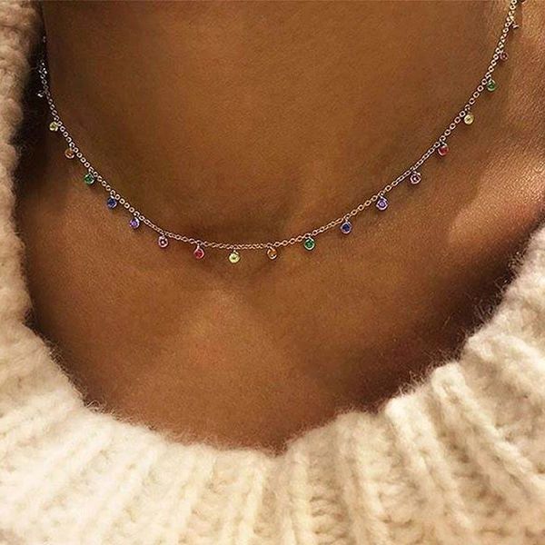 

chokers rainbow cz simple charm delicate women girls jewelry 925 sterling silver statement fine choker necklaces classic 221130, Golden;silver