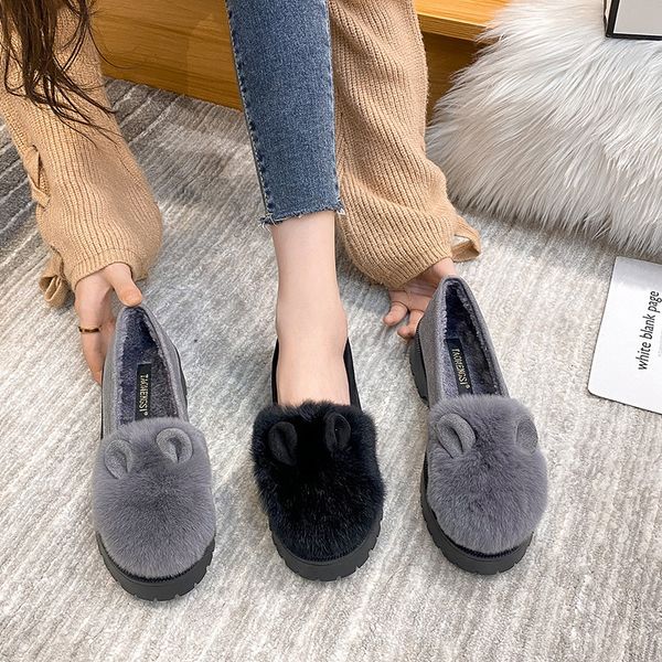 

dress shoe fluffy plush flat fashion winter warm women s rabbit fur loafers ladies slip on casual cotten 221130, Black
