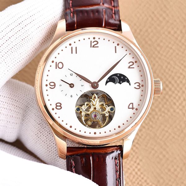 

watch men watches mechanical movement watch 42mm leather strap design multiple colors fashion wristwatches hollow out phase of the moon, Slivery;brown