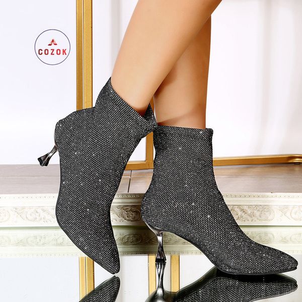 

dress shoes fashion boots trend stretch high heel pointed toe women s outdoor short ladies ankle sock 221130, Black