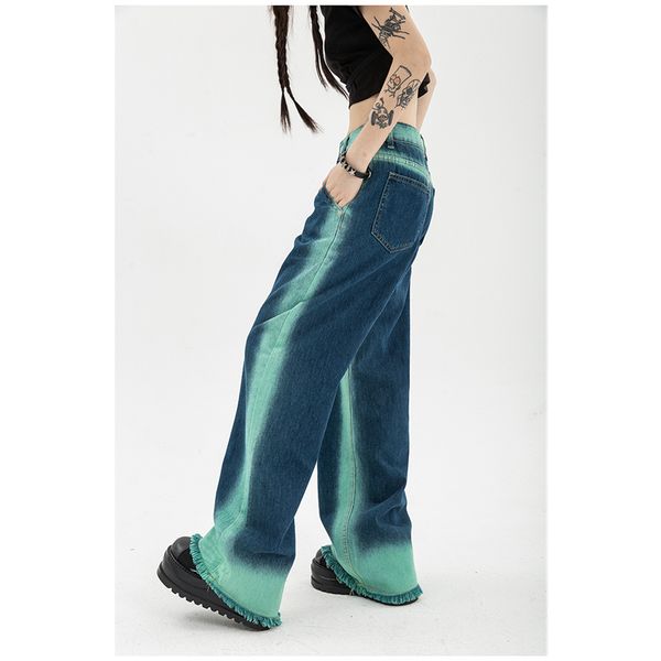 

women's jeans y2k2 womens high waist vintage straight baggy pants chic design streetwear gradient color hip hop y2k denim wide leg 2212, Blue