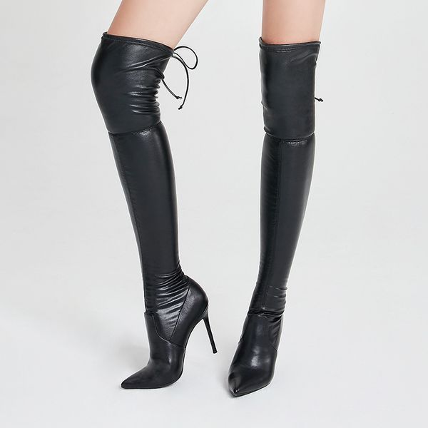 

black women thigh high boots pointed toe nightclub winter shoes 10 cm elastic stiletto heels soft leather over the knee booties