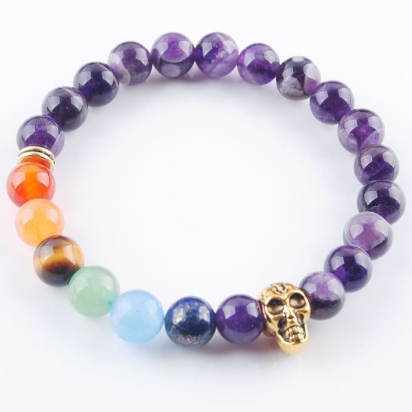 

wojiaer strands bracelets amethyst stone round beads ghost head 7 chakra healing mala meditation prayer yoga women jewelry k3232, Black