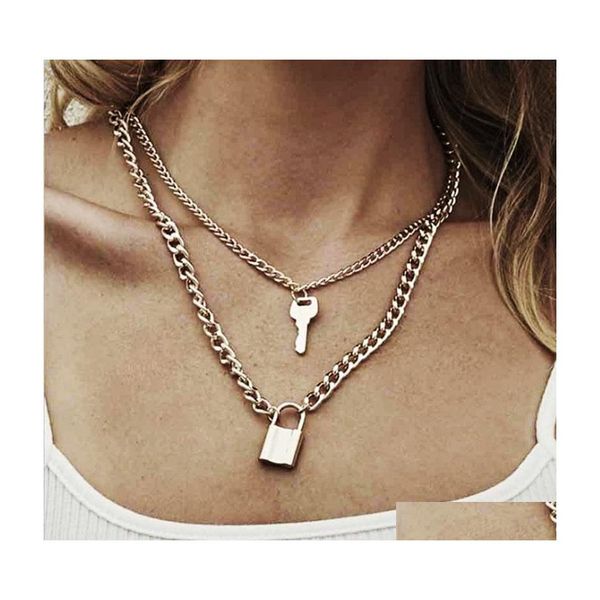 

pendant necklaces double layer key padlock pendant necklace women fashion gold color thick chain alloy lock femme punk gothic jewelr dhqb5, Silver